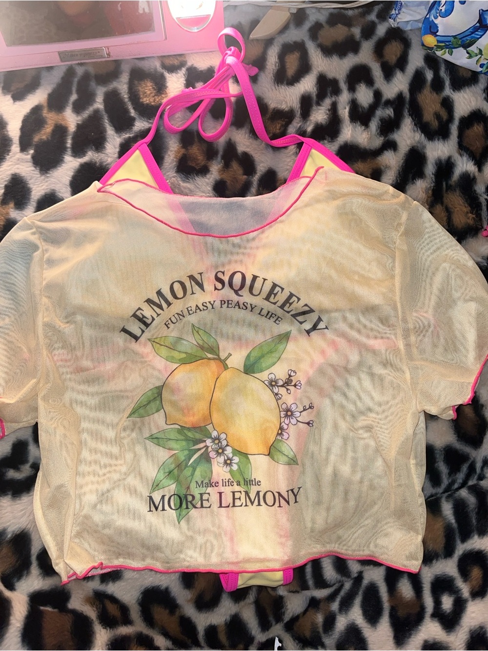 Never worn. Neon pink & yellow swimsuit with sheer cover up top!